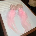 Elegant pink feather earrings featuring a crystal flower top and 925 silver needle posts. - Pink (15# Silver Pin)
