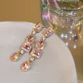 Elegant long dangling earrings with pink crystals and gold finish for women's jewelry - 19# Silver Post - Pink Multi-shape Rhinestone Tassel / Pink