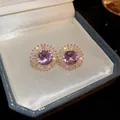 Elegant pink flower stud earrings with sparkling CZ crystals displayed in a luxury gift box - 25# Silver Post - Sunflower Rhinestone / Gold
