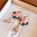 Elegant pink enamel flower earrings with blue leaves, white pearls and gold beads - Flower with Printed Bead (20#) / Hook Style / Pink/Blue