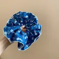 Large blue oversized fabric scrunchie with cute white bunny and floral print pattern - Floral Rabbit Scrunchie / Blue
