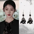 Boucles d'oreilles style chinois à l'encre avec perles noires et finition argentée - Style Crochet No. 6 (HE19468) / Argent Vintage - Noir