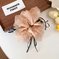 Elegant beige organza scrunchie with cute black ribbon bow detail - Organza Bow Scrunchie / Brown