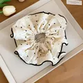 Vintage cream silk polka dot scrunchie with white lace trim and black scalloped edge - Polka Dot Lace Scrunchie / White - S