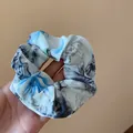 Blue and grey floral print chiffon fabric scrunchie hair tie for elegant daily styling - Ink Floral Scrunchie / Green - Blue