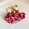 Elegant matte gold leaf and deep red satin flower petal drop earrings for women - French Vintage Satin Petal Style (43#) / Dark Pink