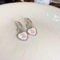 Sweet silver earrings featuring pink heart pendants with iridescent 3D bear figures - Iridescent Bear in Heart Pendant Style (58#) / Silver Pink