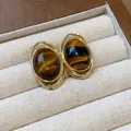Close-up of elegant gold-plated stud earrings with brown resin stones in a jewelry box - Gold Coffee Oval / Brown