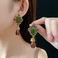 Eleganti orecchini vintage con pietra verde e pendenti in cristallo a goccia - Stile Perno Argento - Geometrico Verde Marrone (67#) / Oro-Marrone-Verde
