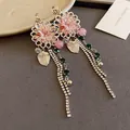 Elegant pink flower dangle earrings featuring long shimmering rhinestone tassels and beads - Floral Tassel Style (36#) / Silver Needle / Pink-Green