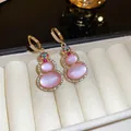 Elegant pink cat eye stone gourd shaped dangling earrings with gold finish and crystals - Gourd Drop Style (40#) / Ear Buckle / Gold-Pink