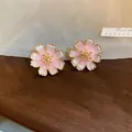 Elegant pink cherry blossom stud earrings with glitter finish and gold-plated edges - Cherry Blossom Style (39#) / Silver Needle / Pink