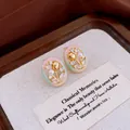 Elegant flower earrings with pink and green oil dripping, pearl and zircon accents - 16# Silver Needle - Gold - Tulip - Real Gold Plating