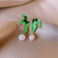 Elegant green enamel leaf earrings decorated with rhinestones and hanging white pearls - 29# Silver Needle - Gold - Green