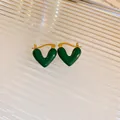 Dark green drip oil heart earrings with gold-tone metal hinges for a minimalist style. - 42# Silver Needle - Dark Green