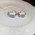 Silver needle geometric hoop earrings with blue and pink enamel letter B designs - Contrast Letter B Style (50#) / Colorful