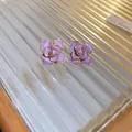 Elegant purple enamel flower stud earrings featuring refined golden edges for women - 53# Silver Earring Post-Gold-Purple