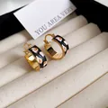 Gold-plated hoop earrings with black enamel flower pattern in elegant jewelry box - 60# Earring - Black