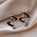 Elegant silver wavy earrings with black enamel inlay on champagne satin background - 88# Silver Needle - Silver - Black