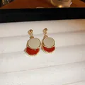 Elegant geometric enamel stud earrings in cream and dark red with gold metal finish - 92# Silver Needle - Light Brown - Red