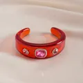 Red irregular resin cuff bracelet with sparkling pink crystal gemstones in vintage style - Pink Gemstone Inlaid Style (118#) / Red and Rose Red