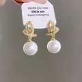 Elegant gold ribbon earrings with pearls and crystals for a light luxury look - 25# Silver Earring Post - Gold