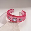 Translucent pink resin cuff bracelet featuring three embedded purple faux gemstones. - Purple Gem Irregular Style (125#) / Rose Red and Light Purple