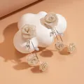 Elegant champagne fabric rose tassel earrings featuring leaf crystal accents for women - 44# Silver Needle - White