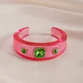 Retro pink resin cuff bracelet with three green emerald-cut gemstones and crystals. - Green Gem Irregular Style (126#) / Rose Red and Green
