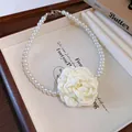 Detail view of elegant French style white fabric camellia flower pearl choker necklace - Necklace / White