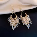 Elegant gold-tone drop earrings with iridescent glass bead tassels for women - 48# Ear Hook - Gold - White