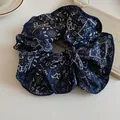 Elegant dark navy blue hair scrunchie with classic white paisley bandana print - Dark Blue Paisley Style (50#)
