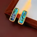 Rectangular gold-plated stud earrings featuring a vibrant iridescent shell inlay design - 58# Silver Needle - Gold - Green (genuine Gold Plated)