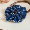 Large blue floral scrunchie with cute rabbit pattern for hair styling - Rabbit Floral Print Style (52#)