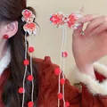 Exquisite close-up of red goldfish embroidered hair clip with elegant long pearl tassels - Pearl Tassel Style / One Pair / Goldfish Embroidery Red White