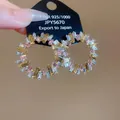 Sparkling round crystal hoop earrings with multi-colored rectangular glass stones - 43# Silver Needle - White - Pink - Yellow