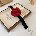 French style elegant choker with a large red fabric flower on a black velvet strap - Necklace / Red