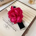 French sweet fuchsia fabric rose flower choker with black velvet ribbon and adjustable chain - Bracelet / Rose Red