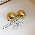 Elegant luxury gold dome stud earrings featuring a sparkling crystal halo finish - 19# Silver Earring Post - Gold