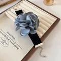 Elegant blue fabric flower choker necklace with black velvet band in French vintage style - Necklace / Blue