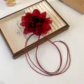 Elegant dark red fabric flower choker necklace with thin cord straps - Extra Long Necklace / Red
