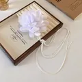 Elegant white fabric flower choker necklace with a thin long cord, French style jewelry - Extra Long Necklace / White