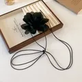 Elegant French style black fabric flower choker necklace with a minimalist slim cord - Extra Long Necklace / Black