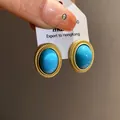 Vintage style oval turquoise stud earrings with gold rope textured border detail - 925 Sterling Silver Pin Stud Earrings / Gold-Blue
