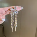 Close-up of sparkling long dangle earrings featuring multiple faceted crystal stones. - Extra Long Tassel Pendant (38#) / Silver
