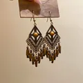 Vintage bohemian bronze geometric dangle earrings with ethnic tassels and brown beads - 27# Coffee
