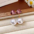 Elegant white pearl drop earrings featuring pink faceted triangular crystals on silver posts - Silver Earring Post Gorgeous Earrings (64#) / Gold-Purple
