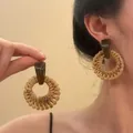 Handmade rattan woven hoop earrings with dark resin geometric studs for summer vacation. - Coffee