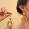 Handmade bohemian style geometric rattan woven pendant earrings for beach vacation wear - 8# Coffee Round