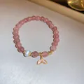 Pink strawberry crystal beaded bracelet with elegant pearl and mermaid tail charm - Fish Tail Strawberry Quartz Style (20#) / Gold